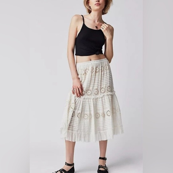 Free People FP One Dresses & Skirts - Free People Lorelai Eyelet Midi Skirt NWT Ivory Cotton Ruffled Elastic Waist M